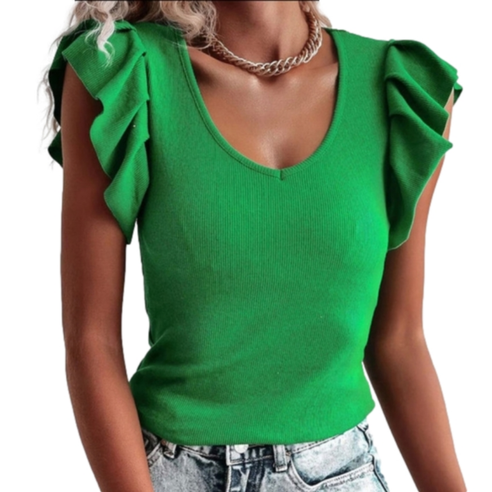GREEN KNITTED RUFFLE Short Sleeve Colorful‎ Top Size S, Size M, Size L